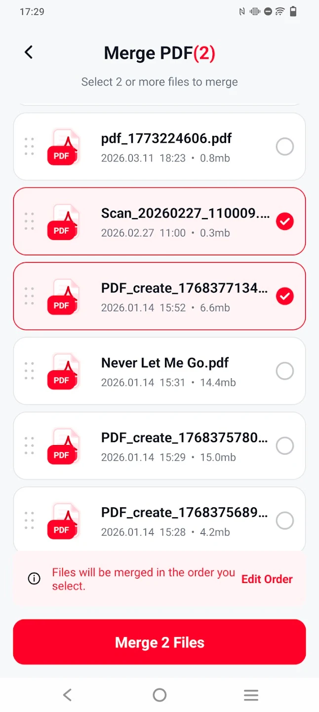 Merge PDF selection screen