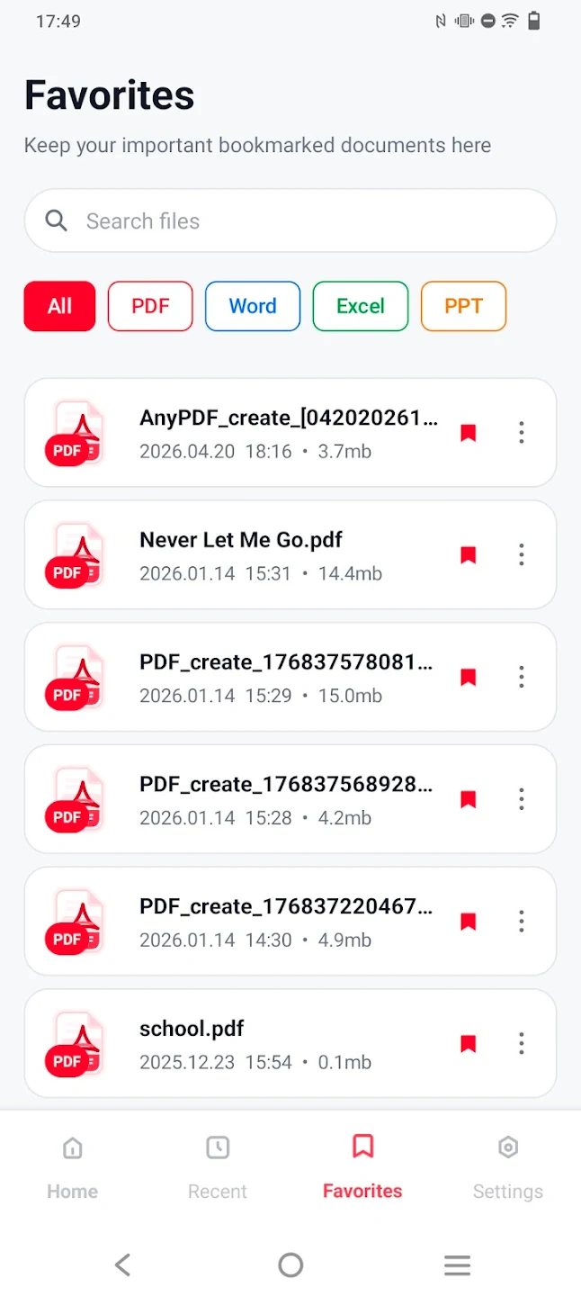 Favorites screen